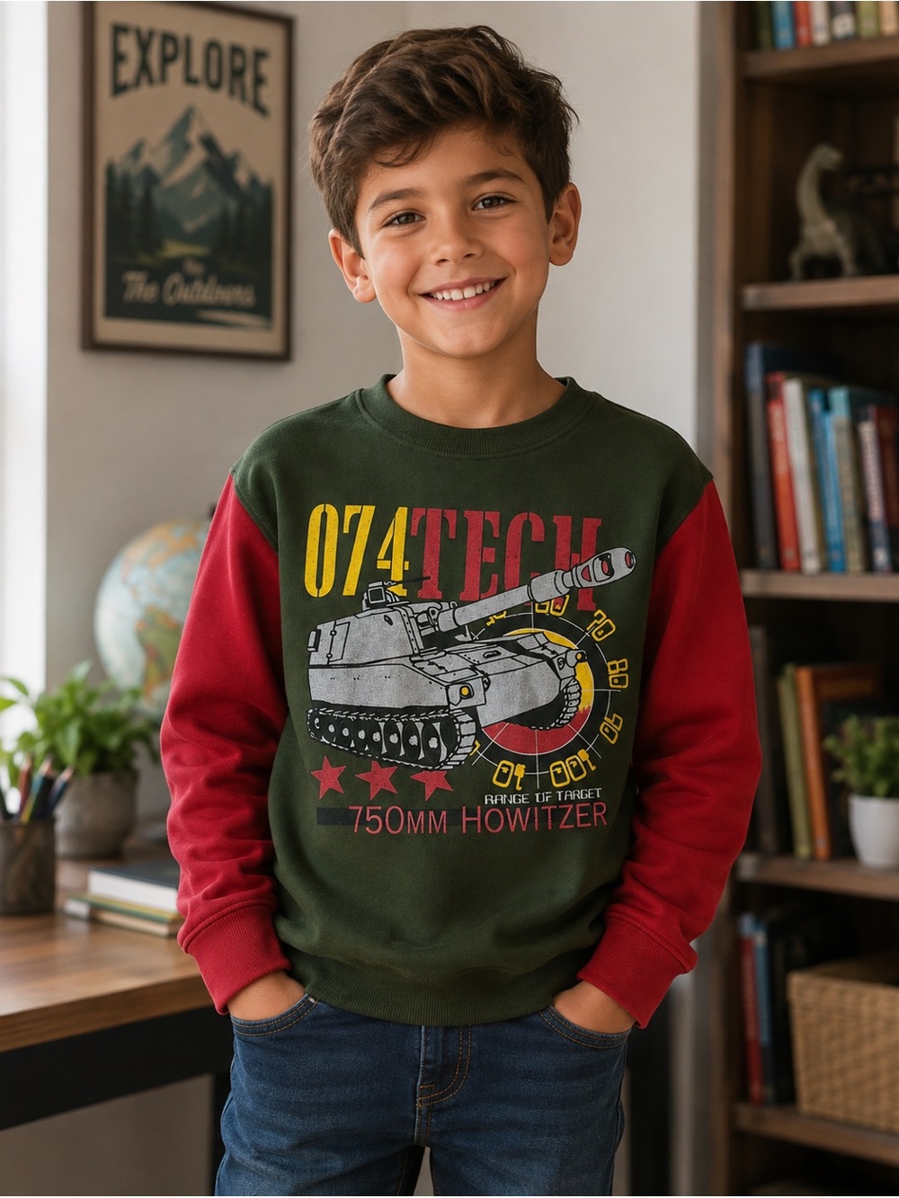 Kids army Tank 07Tech 750mm Howitzer Graphic Sweatshirt - Green & Red